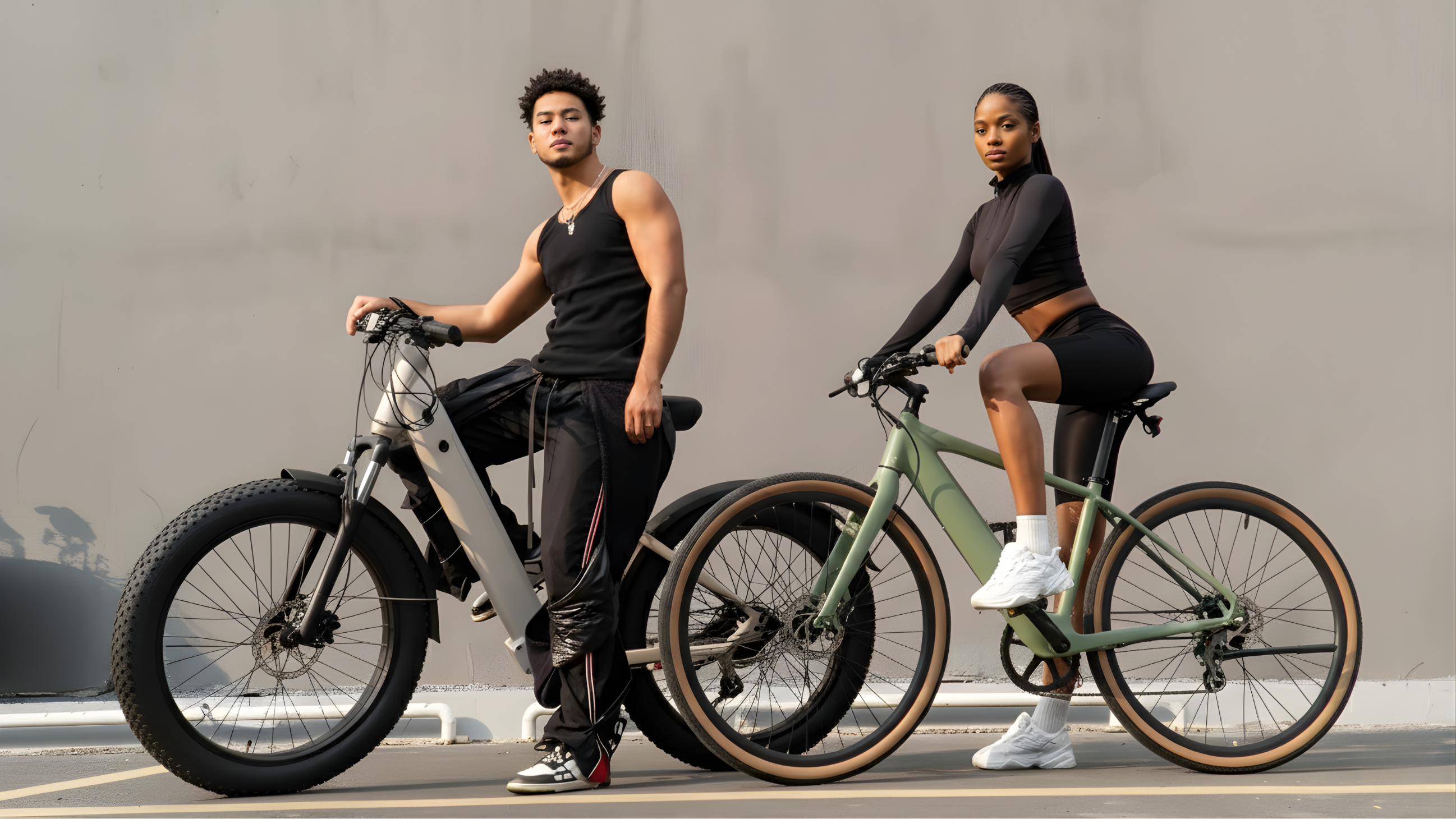 Man och kvinna på moderna elcyklar i stadsmiljö – stilrena elcyklar för pendling och fritid hos Wheelyshop